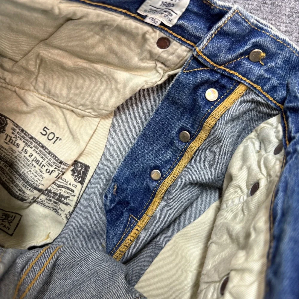 NWT Levis 501 1980s Made in Japan Selvedge Patchwork Jeans Blue Size 29x32